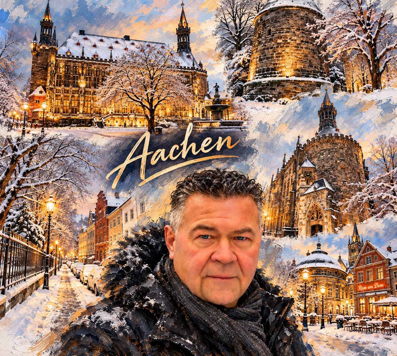 Beispiel: eigenes Porträt als Aachen-Winterbild mit Rathaus, Stadttoren und verschneiter Altstadt
