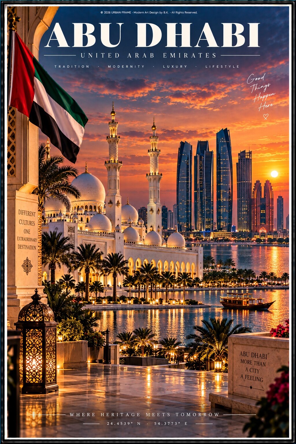 Abu Dhabi Urban Frame Poster mit Scheich-Zayid-Moschee, Etihad Towers, Wasserfront und Flagge der Vereinigten Arabischen Emirate