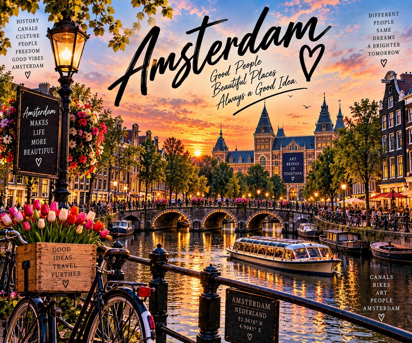 Amsterdam Aquarell mit Grachten, Fahrrädern, Blumen und Rijksmuseum