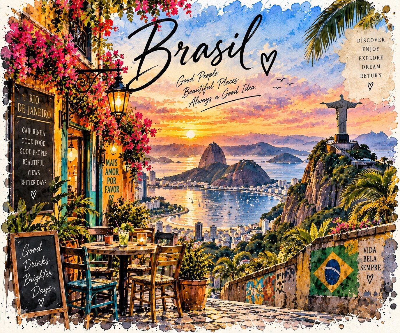 Brasilien Aquarell mit Rio de Janeiro, Zuckerhut, Christusstatue und Café