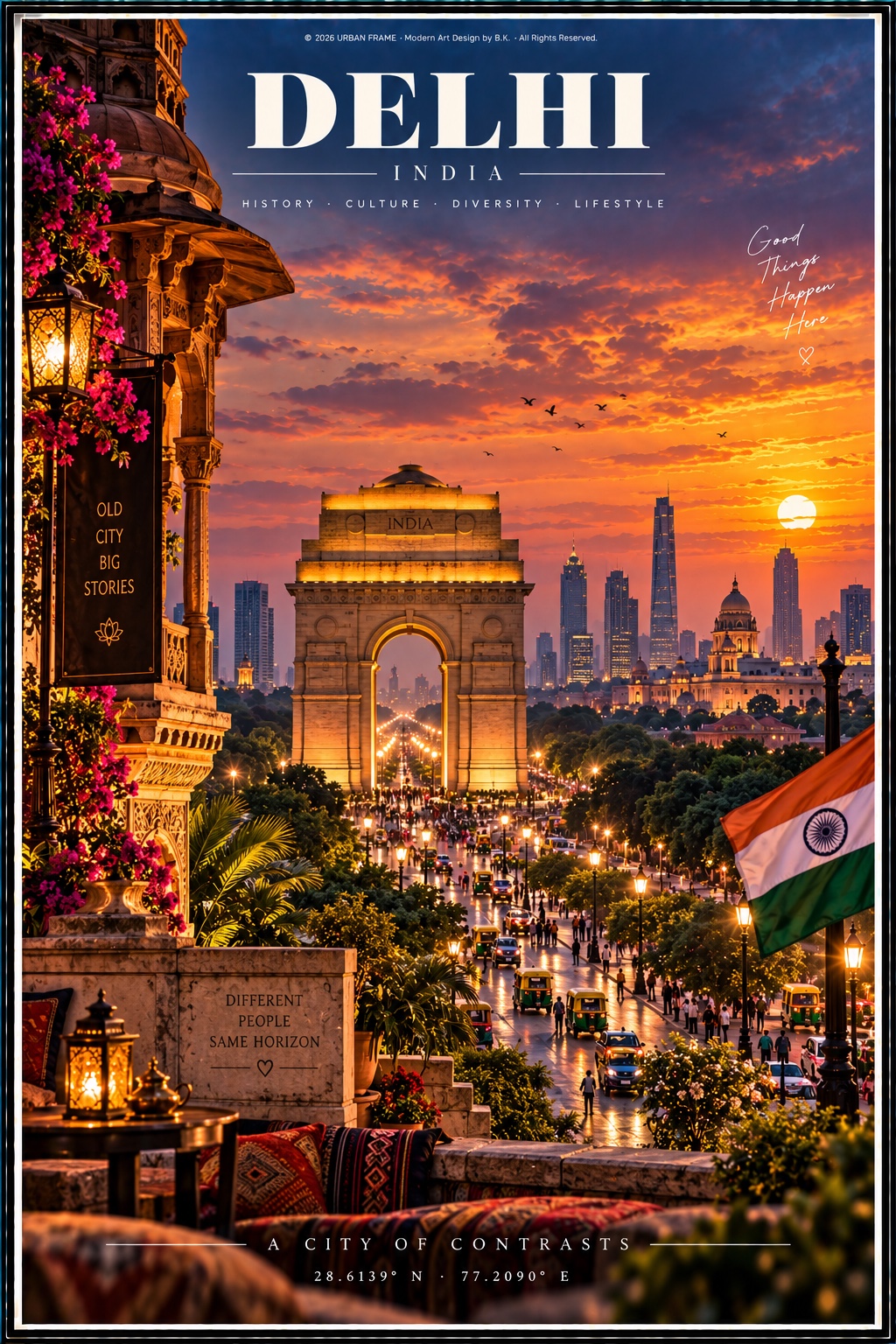 Delhi Urban Frame Poster mit India Gate, indischer Flagge, Stadtboulevard und Café im Sonnenuntergang