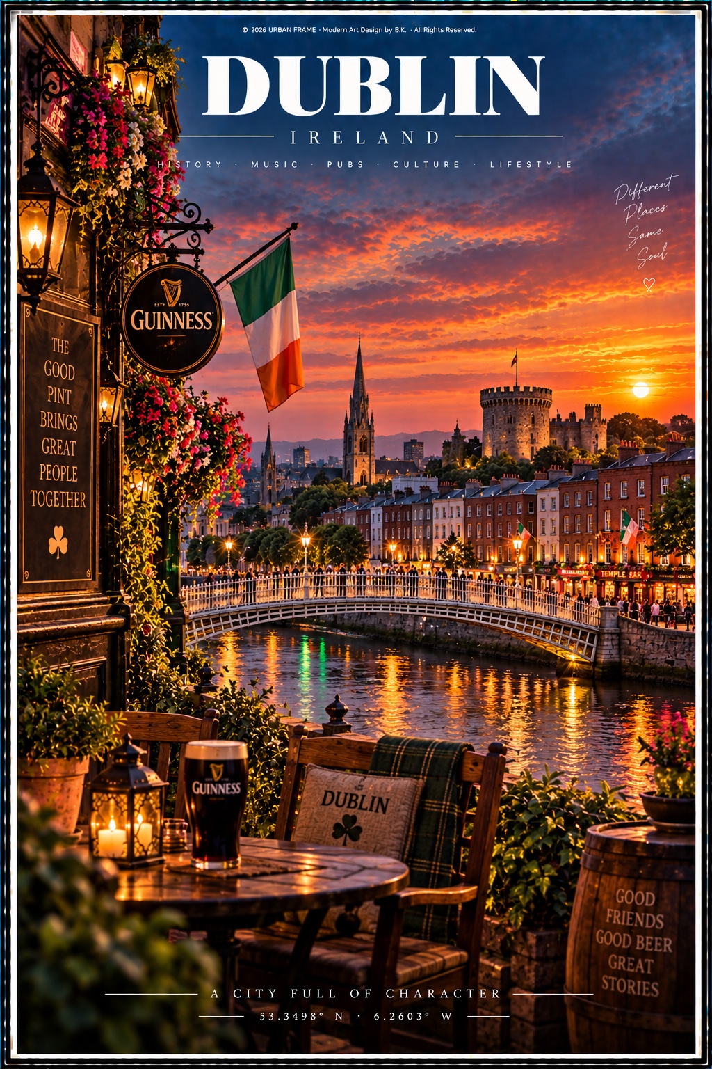 Dublin Urban Frame Poster mit Ha'penny Bridge, Liffey, irischer Flagge und Guinness-Pub im Sonnenuntergang