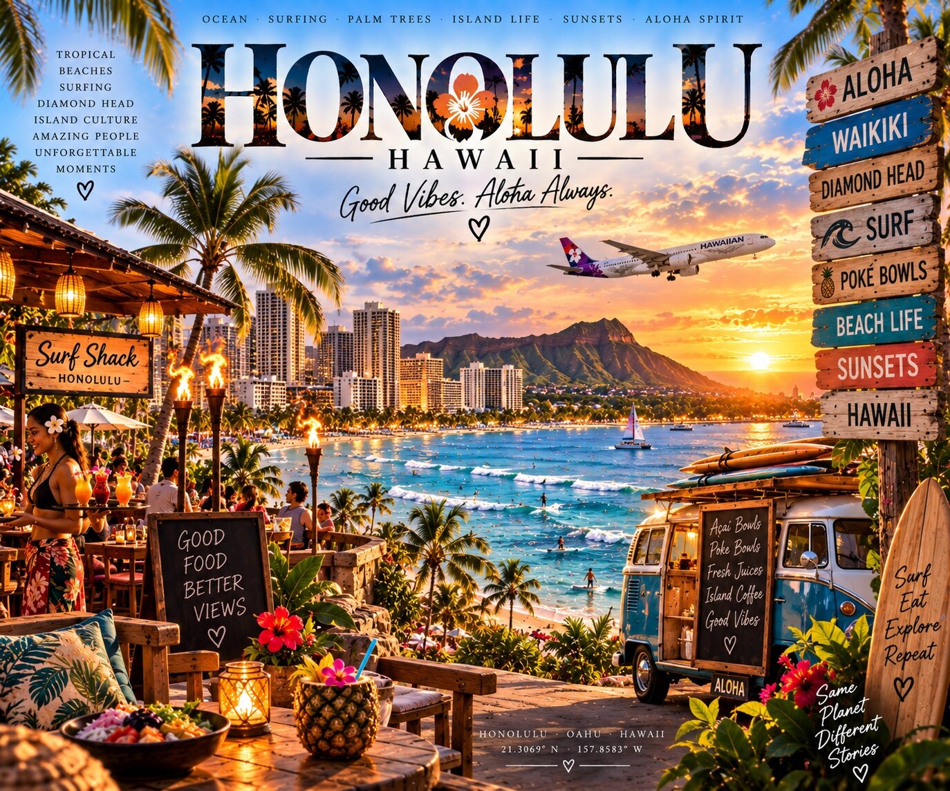 Honolulu mit Waikiki Beach, Diamond Head, Surfbus und Hawaiian-Airlines-Flugzeug