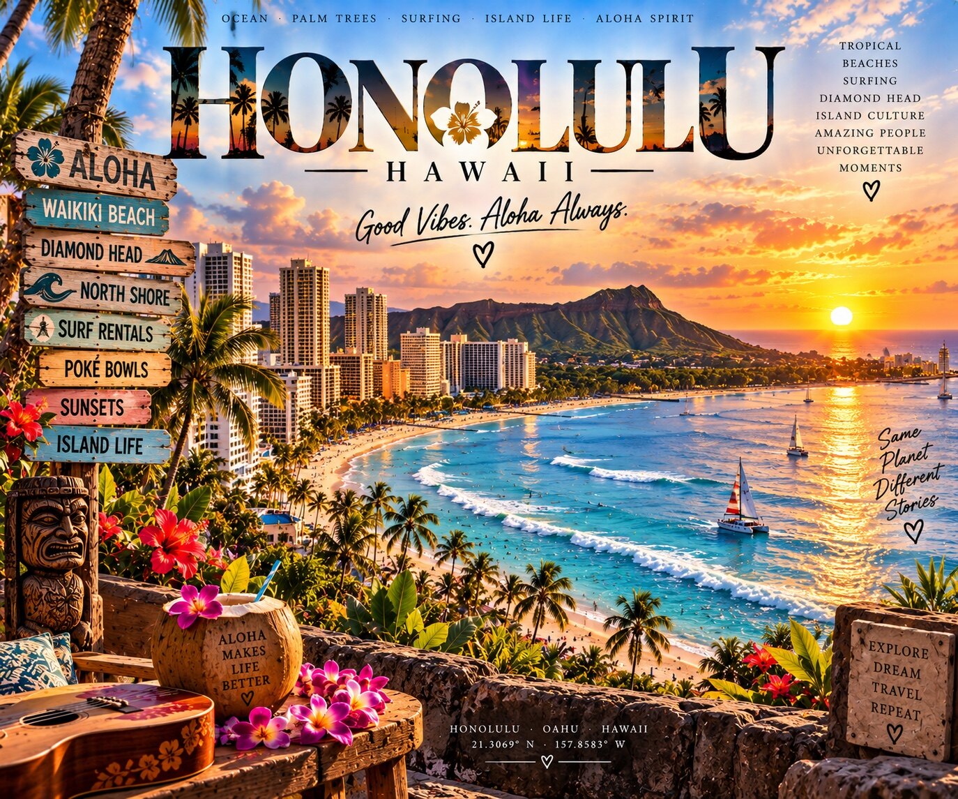 Honolulu mit Waikiki Beach, Diamond Head, Palmen und Segelbooten im Sonnenuntergang