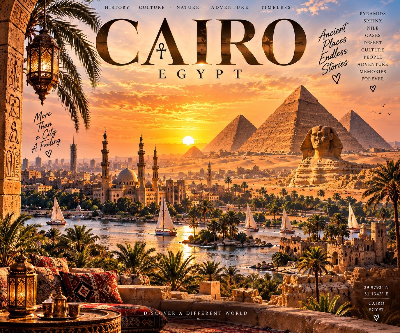 Kairo Kunstdruck mit Pyramiden von Gizeh, Sphinx, Nil und Moscheen