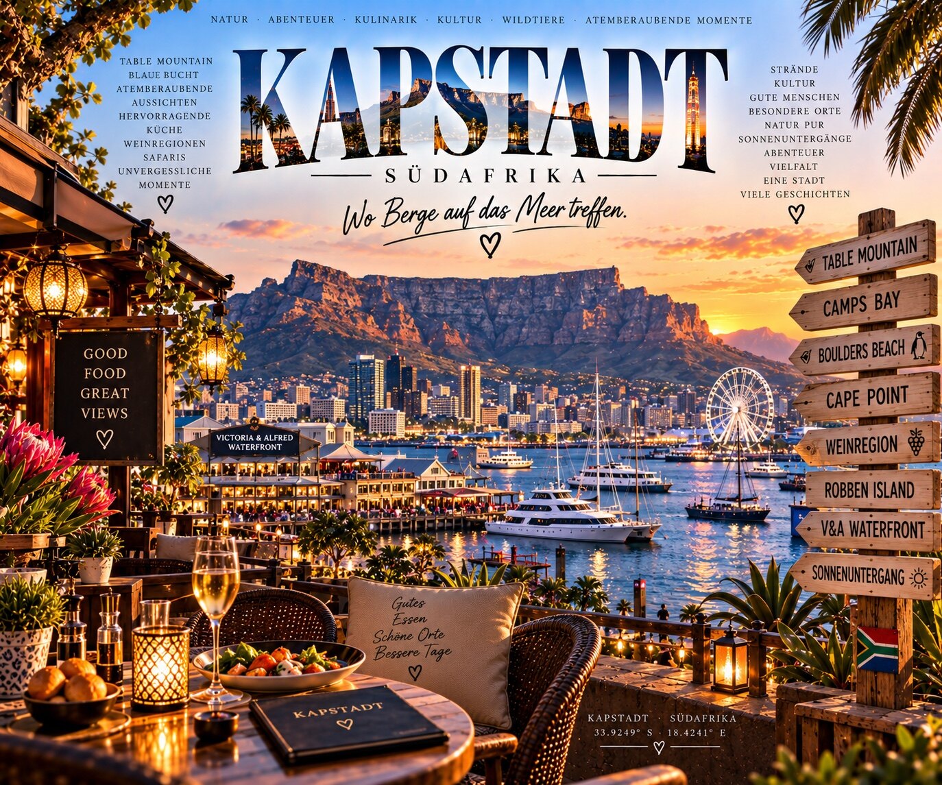 Kapstadt mit Tafelberg, V&A Waterfront und Hafen im goldenen Abendlicht