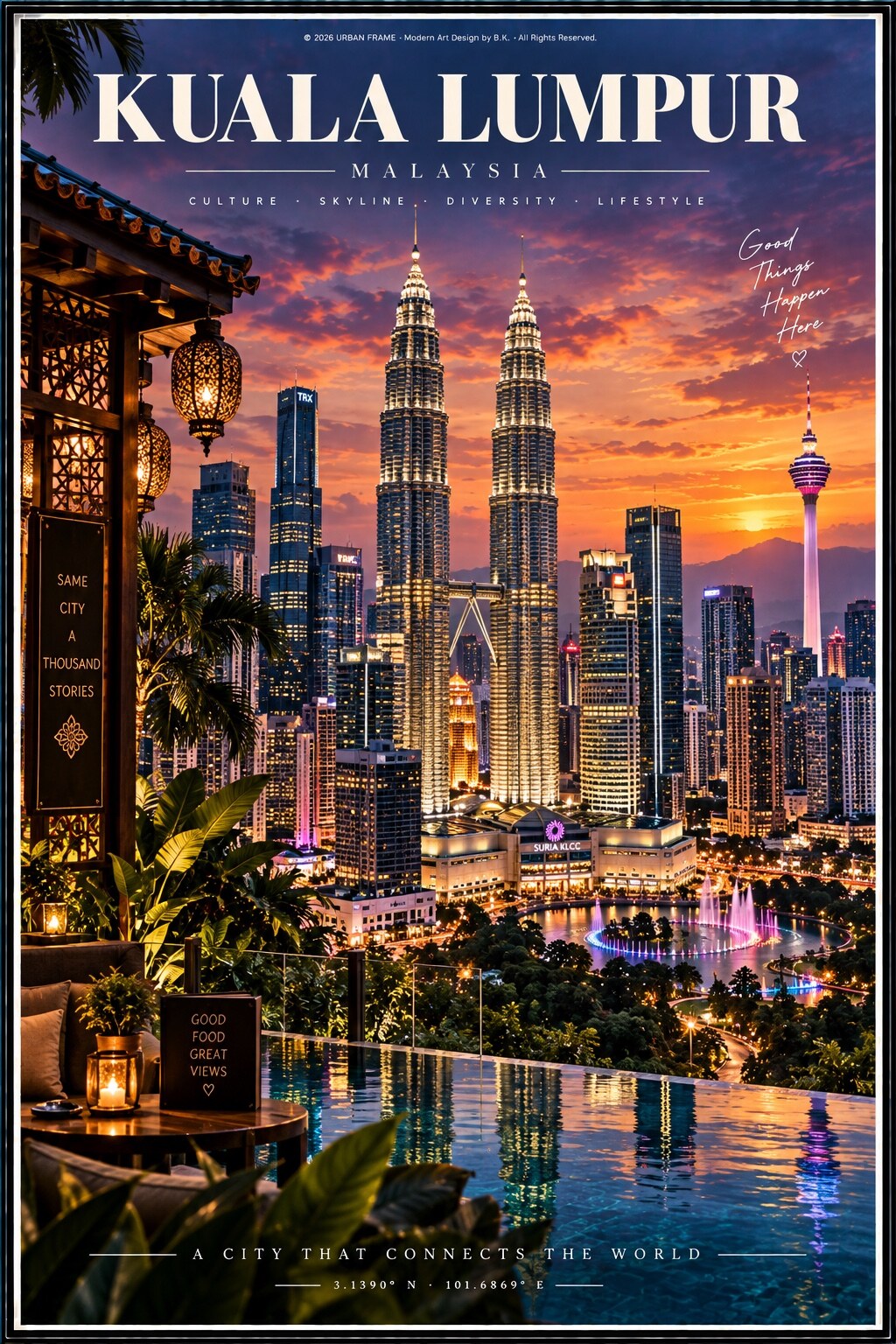 Kuala Lumpur Malaysia Urban Frame Poster mit Petronas Towers, KL Tower, Skyline und Infinity Pool