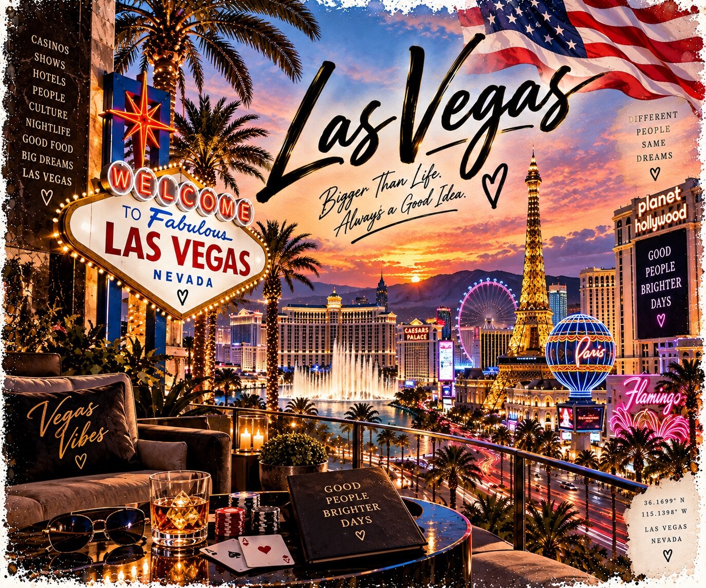 Las Vegas Aquarell mit Welcome-Schild, Strip, Bellagio und Eiffelturm-Nachbildung