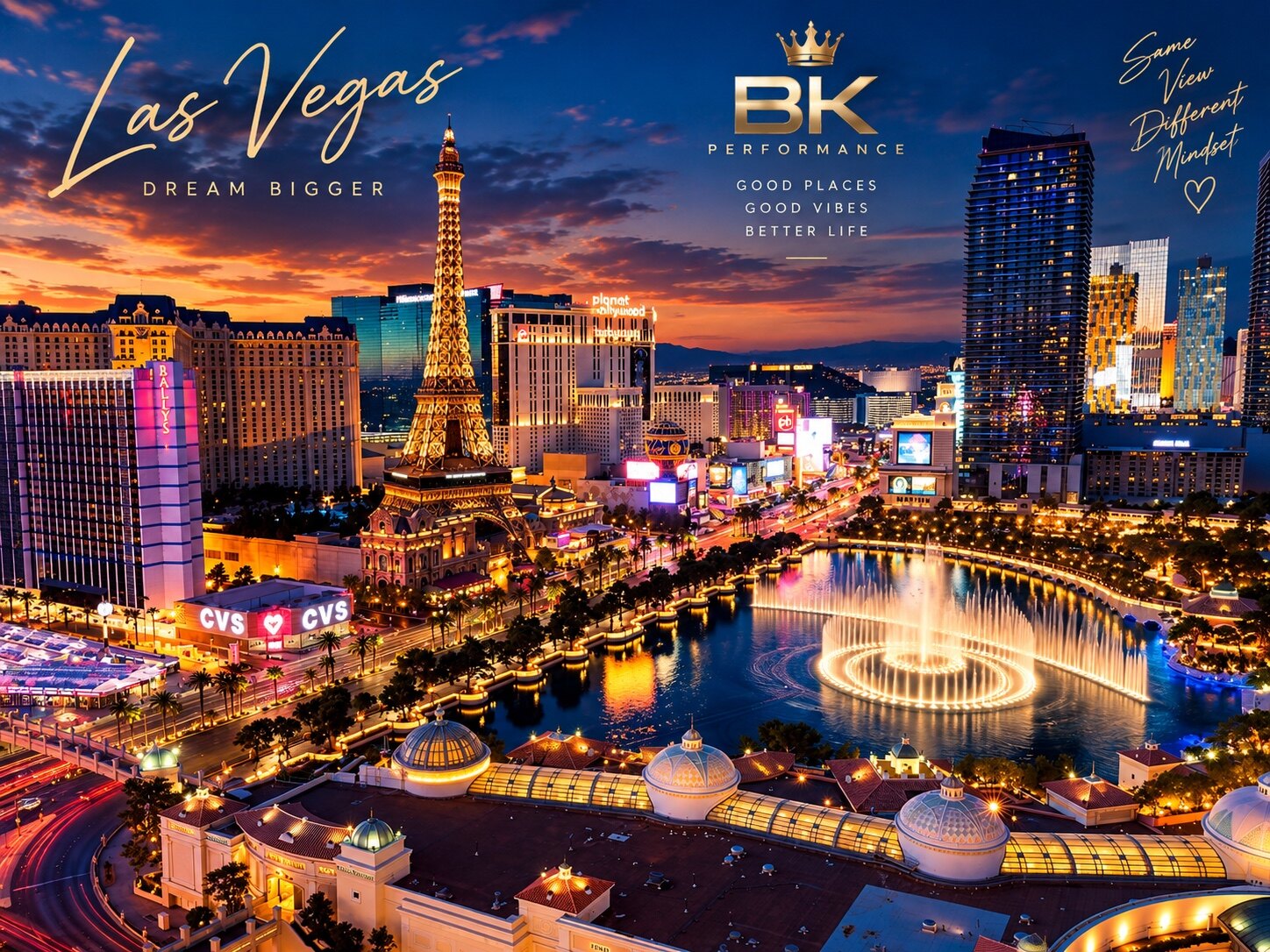 Las Vegas Strip und Bellagio-Brunnen im Abendlicht mit BK Performance Schriftzug