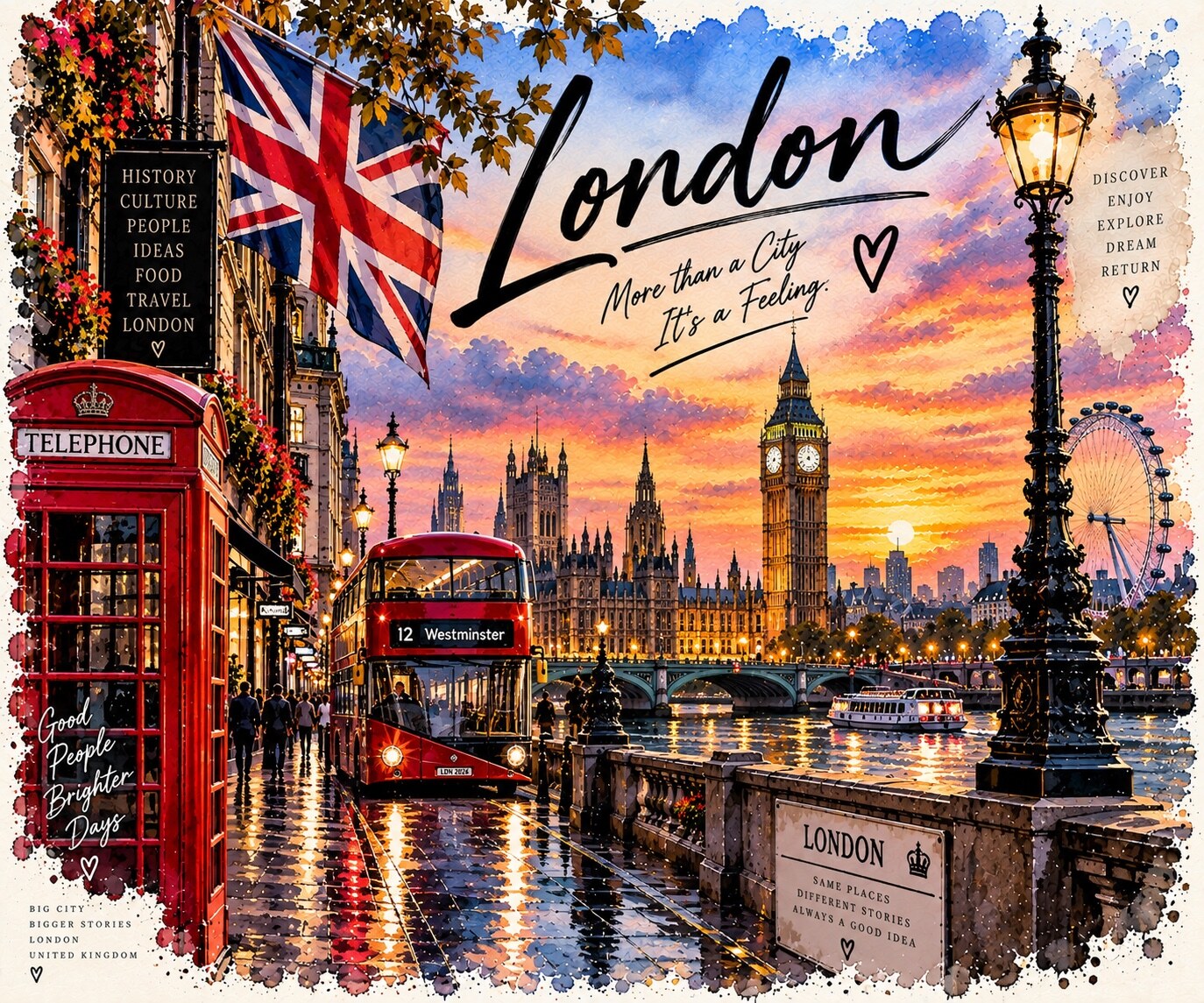 London Aquarell mit Big Ben, rotem Doppeldeckerbus, Telefonzelle und London Eye
