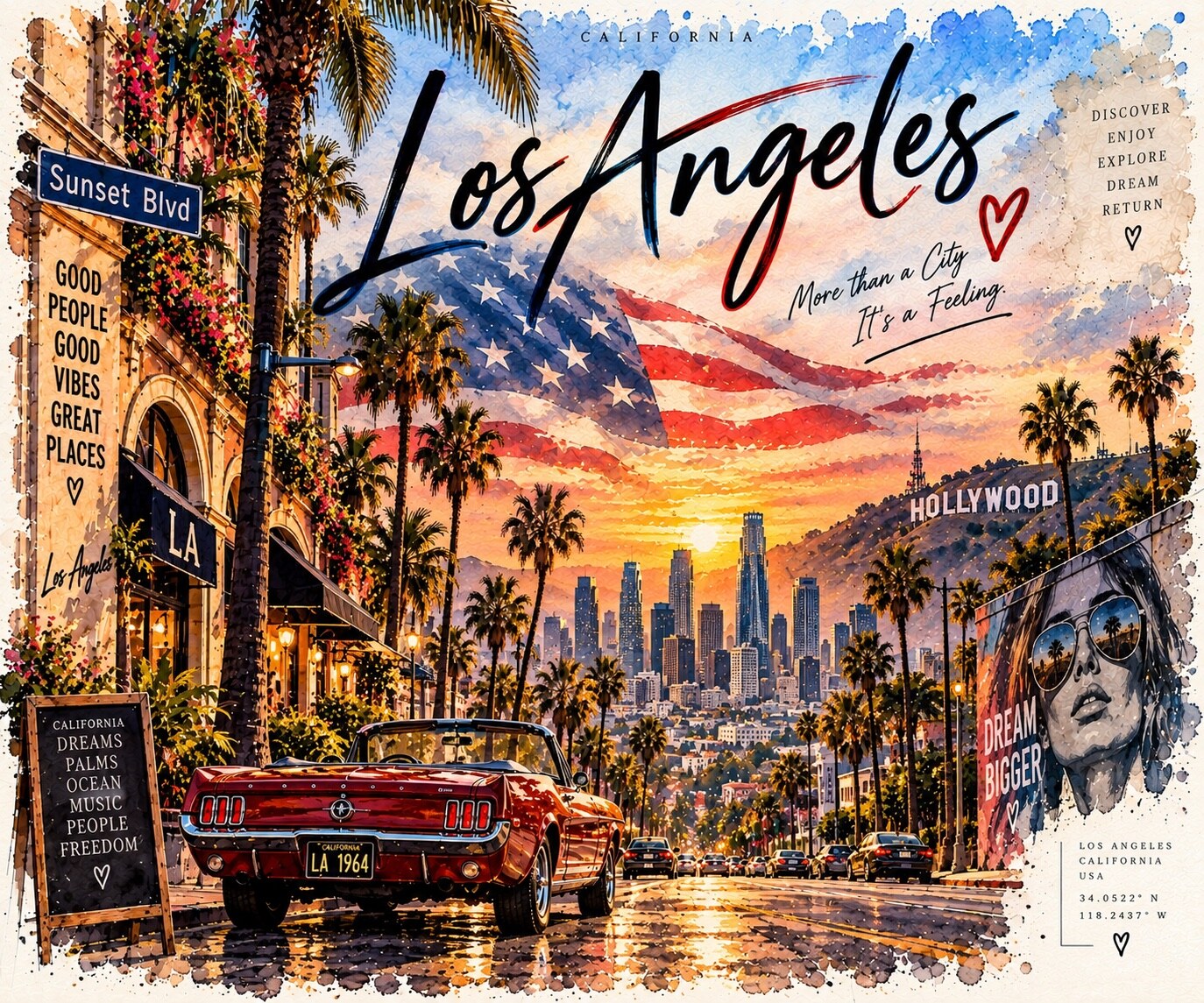 Los Angeles Aquarell mit Skyline, Hollywood-Schriftzug, Palmen und klassischem Cabriolet