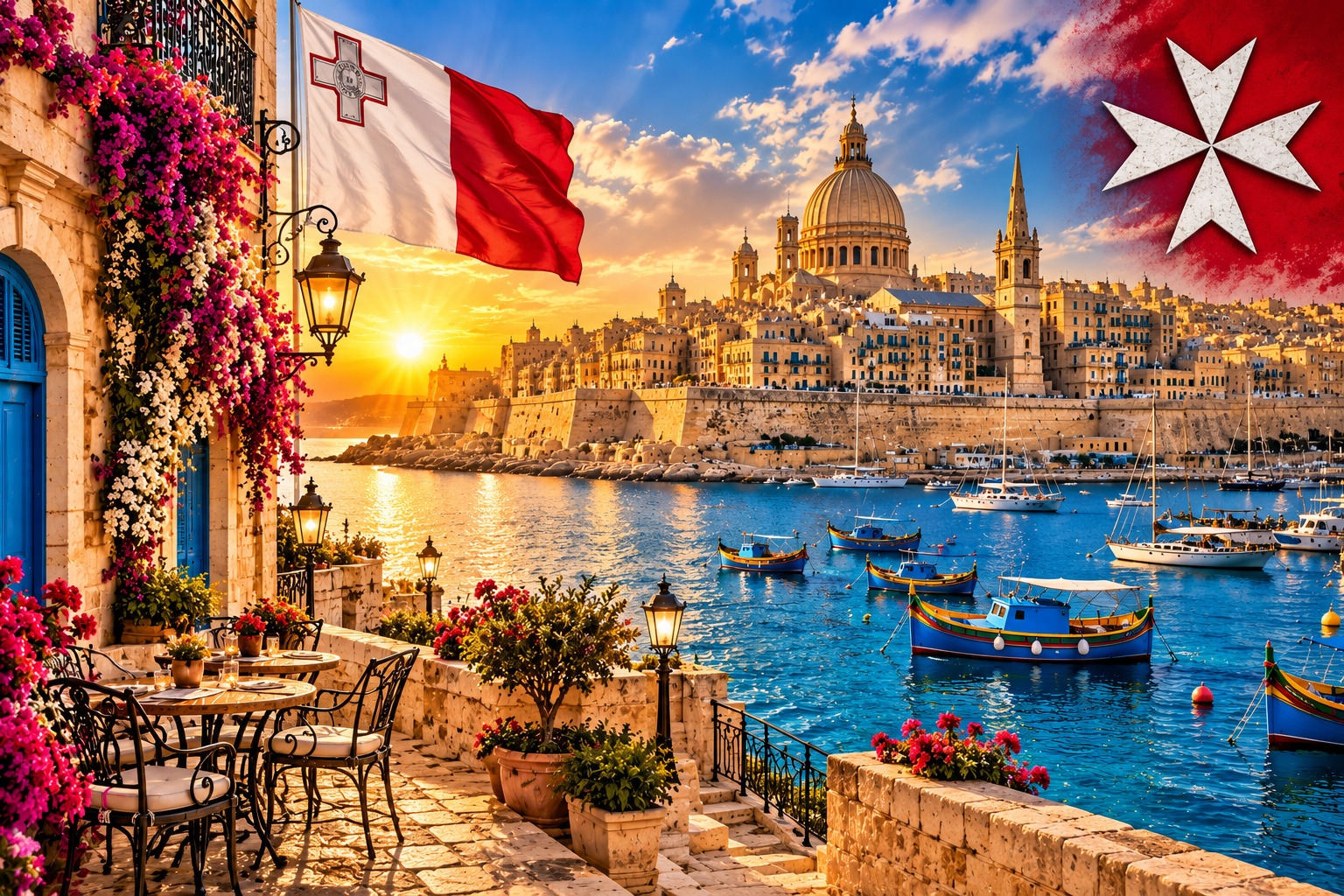 Malta mit Valletta, Hafenbooten, maltesischer Flagge und Malteserkreuz im goldenen Abendlicht