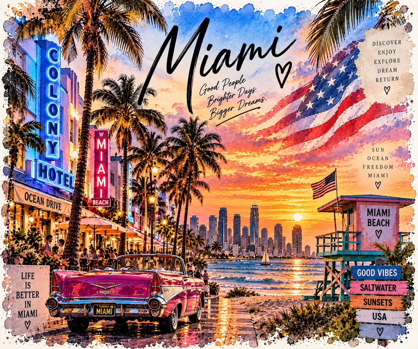 Miami Aquarell mit Ocean Drive, Palmen, Strand und klassischem Cabriolet
