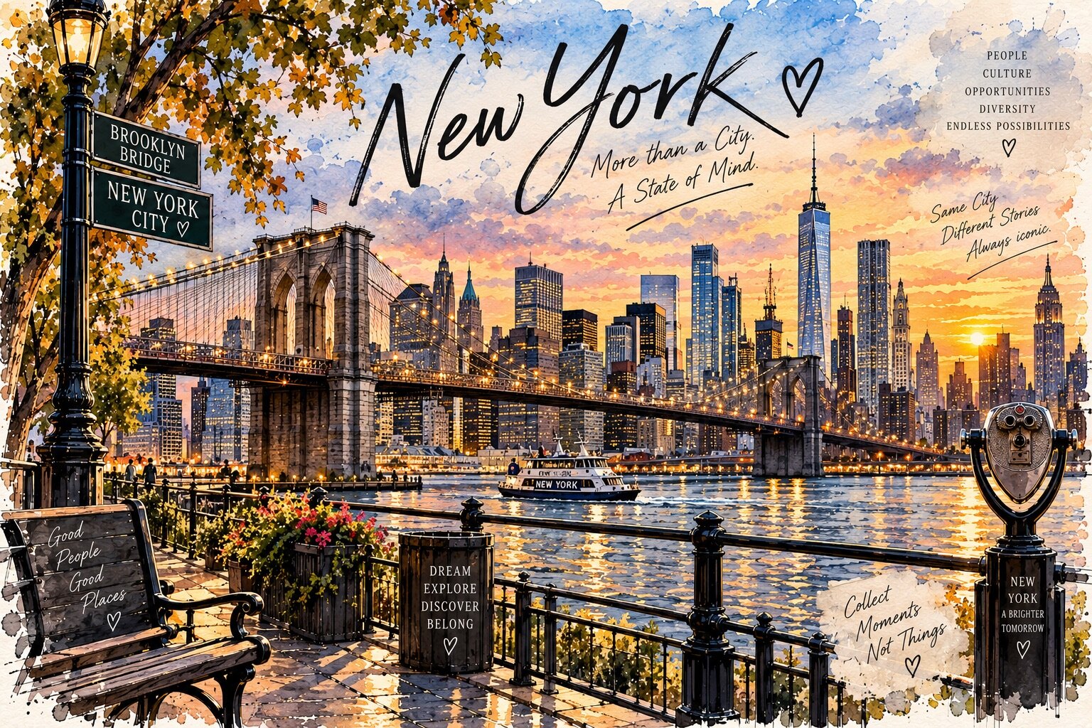 New York Skyline und Brooklyn Bridge im Abendlicht