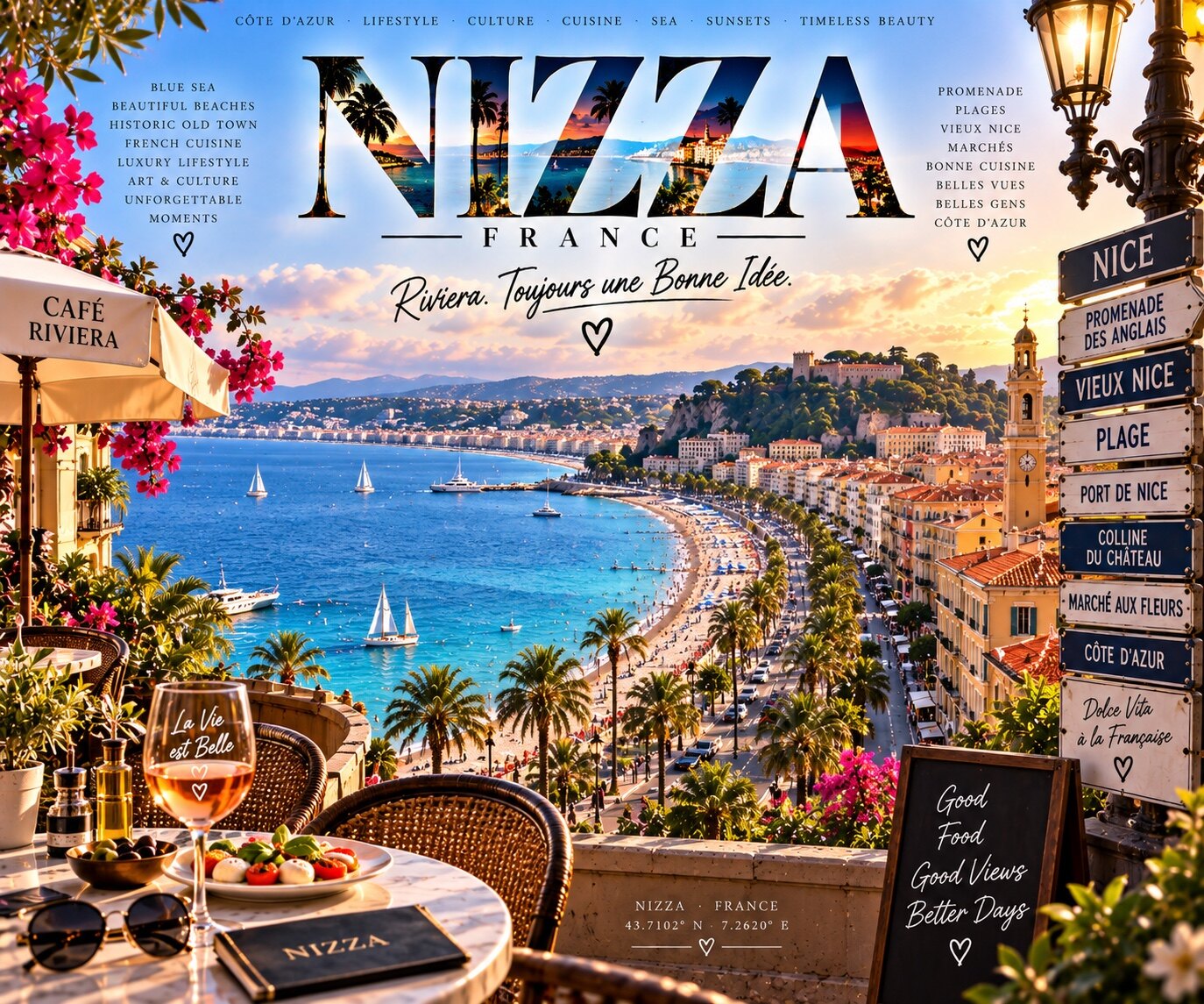 Nizza mit Promenade des Anglais, Altstadt und Côte d’Azur im Abendlicht