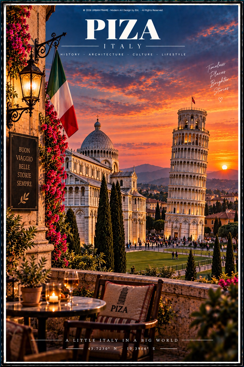 Pisa Urban Frame Poster mit Schiefem Turm, Dom, italienischer Flagge und Café im goldenen Abendlicht