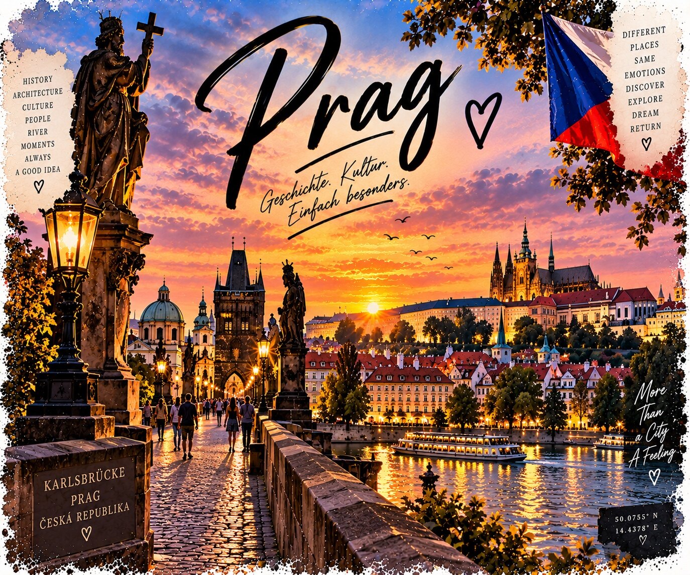 Prag Aquarell mit Karlsbrücke, Prager Burg, Moldau und tschechischer Flagge