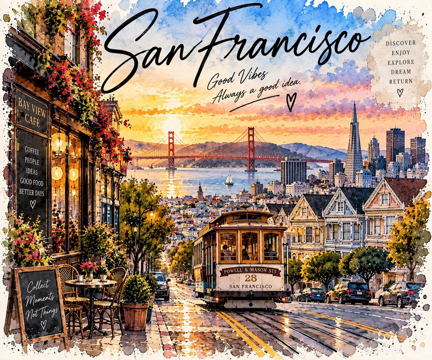 San Francisco Aquarell mit Golden Gate Bridge, Cable Car und viktorianischen Häusern