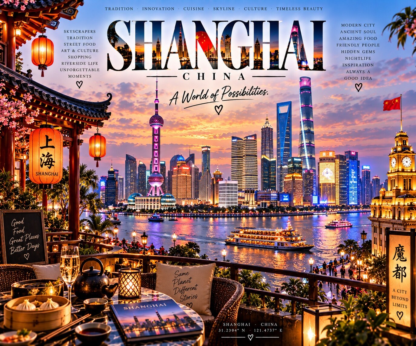 Shanghai mit Bund, moderner Skyline, Laternen und Huangpu-Fluss im Abendlicht