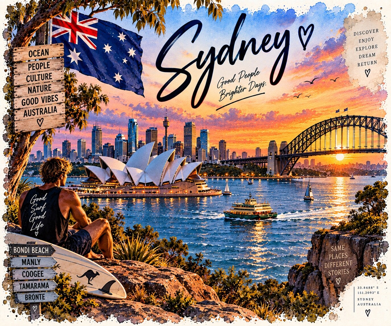 Sydney Aquarell mit Opernhaus, Harbour Bridge, Hafen und australischer Flagge