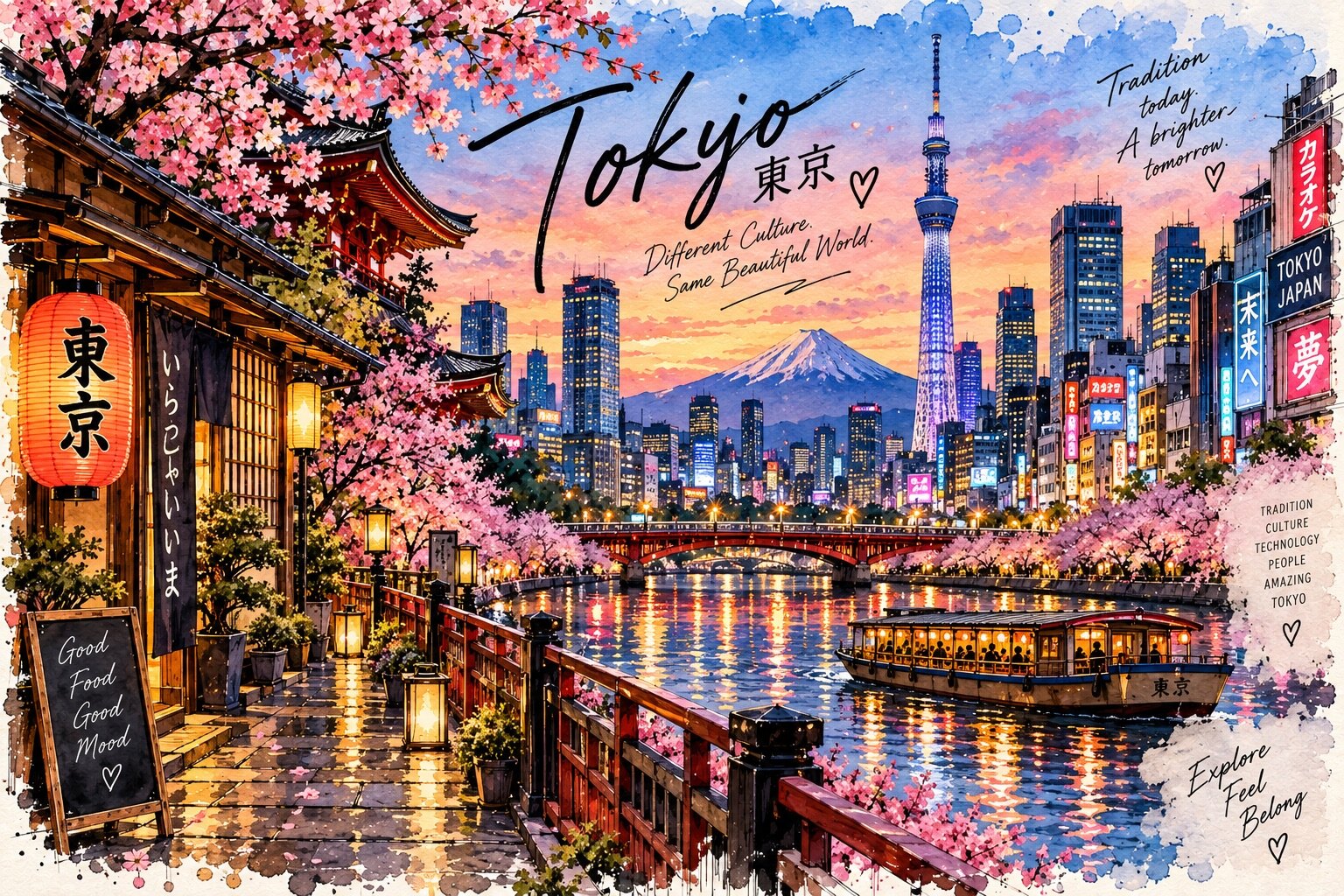 Tokyo mit Kirschblüten, Skyline und Fuji