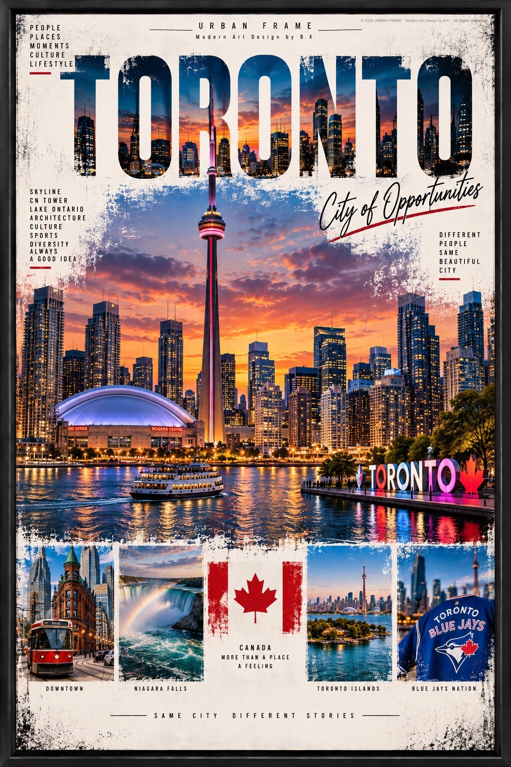 Toronto Urban Frame Collage mit CN Tower, Skyline, Waterfront, Niagara Falls, Toronto Islands, Kanada Flagge, Blue Jays und City of Opportunities