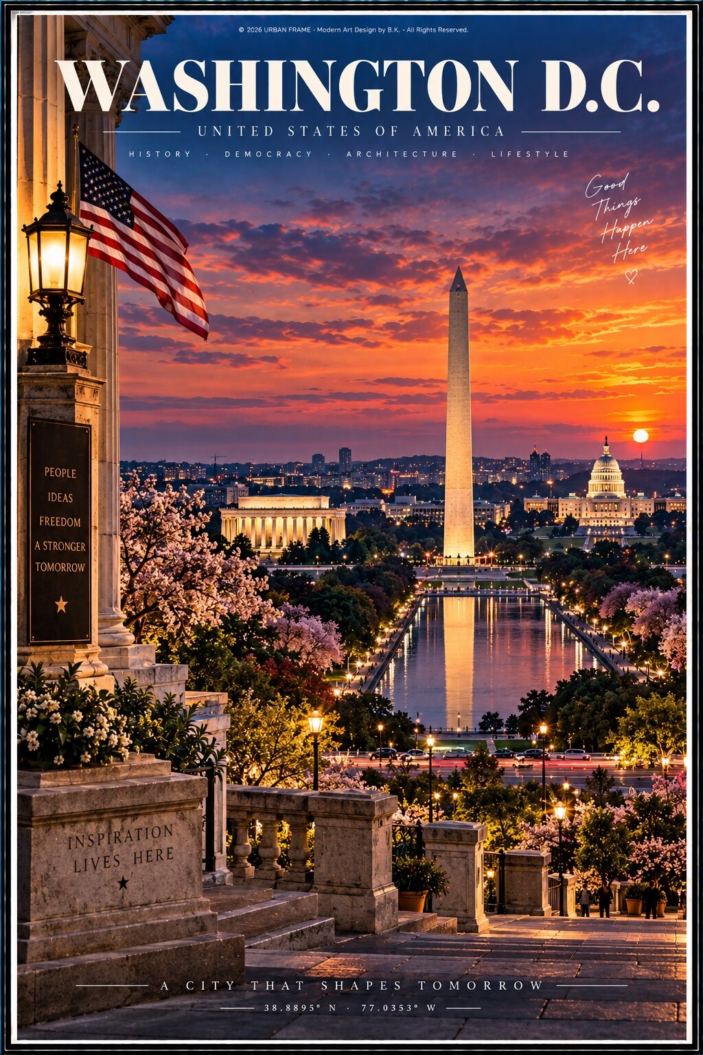 Washington D.C. Urban Frame Poster mit Washington Monument, Kapitol, Lincoln Memorial und Kirschblüten im Abendlicht